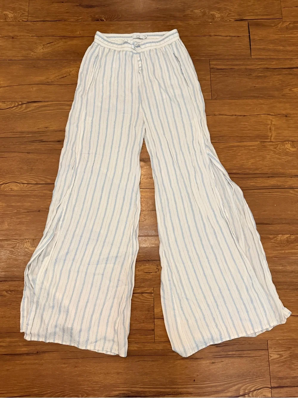 Onia Chloe Wide Leg Beach Pants Size Small Stripe Blue White High Slit Vacation